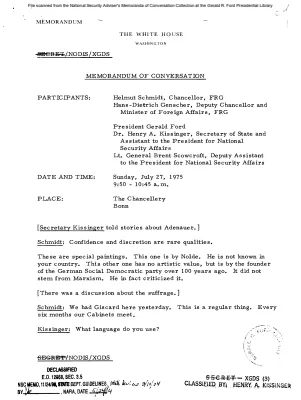 July 27-28, 1975 - Ford, Kissinger, FRG Chancellor Helmut Schmidt, Foreign Minister Hans-Dietrich Genscher