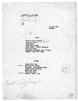 Menu for President Harry S. Truman's  Visit to Key West, Florida