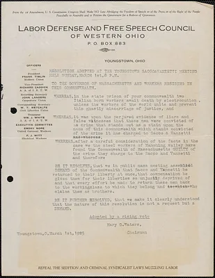 Mary G. Waters (Labor Defense and Free speech council of Western Ohio) typed resolution, Youngstown, Ohio, March 1, 1925