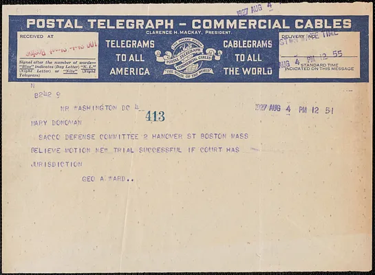 George A. Ward telegram to Mary Donovan, Washington, D.C., August 4, 1927