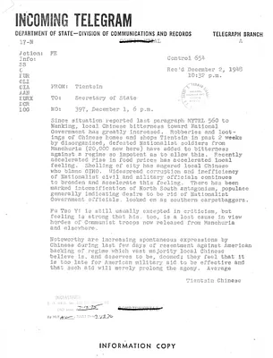 Telegram from Smyth to Secrertary of State George C. Marshall