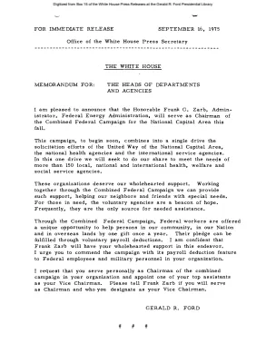 Memorandum Announcing that Frank G. Zarb will Serve as Chairman of the Combined Federal Campaign for the National Capital Area