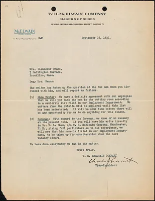 Charles J. Preault (W. H. McElwain Company) typed letter signed to [Elizabeth] Glendower Evans, Boston, Mass., September 17, 1921