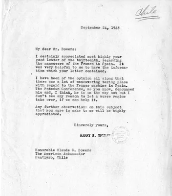 Correspondence Between President Harry S. Truman and Ambassador Claude Bowers