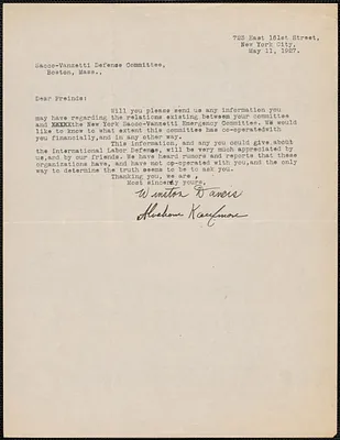 Winston Dancis and Abraham Kaufman typed letter signed to Sacco-Vanzetti Defense Committee, New York, N.Y., May 11, 1927