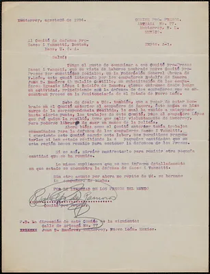 Rodolf de Zamora (Comite Pro Presos) typed letter signed, in Spanish, to Sacco-Vanzetti Defense Committee, Monterrey, Mexico, August 26, 1924