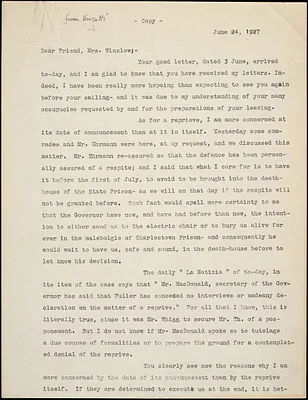 Bartolomeo Vanzetti typed letter (copy) to Gertrude L. Winslow, [Dedham], 25 June 1927