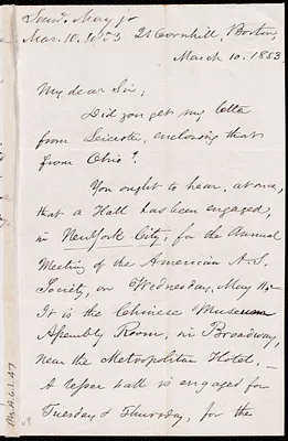 Letter from Samuel May, Jr., 21 Cornhill, Boston, to Samuel Joseph May, March 10, 1853