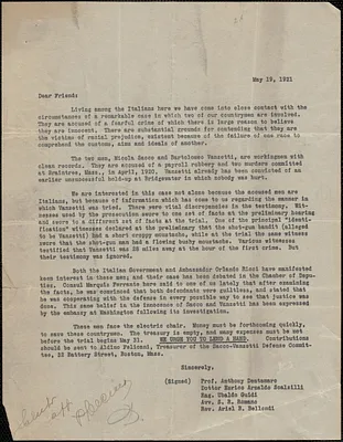 Anthony Dentemaro, Enrico Scalzilli, Ubaldo Guidi, S. R. Romano, and Ariel Bellondi typed letter circular to Dear Friend, [Boston], May 19, 1921