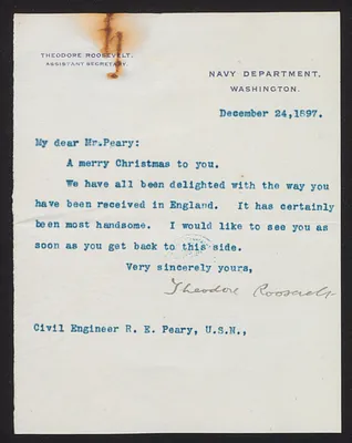 Letter from Theodore Roosevelt, Assistant Secretary of the Navy, to Robert E. Peary, Civil Engineer