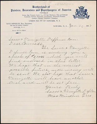 Max Mindlin (Brotherhood of Painters, Decorators and Paperhangers of America) autograph letter signed to Sacco-Vanzetti Defense Committee, Newark, N.J., January 31, 1927