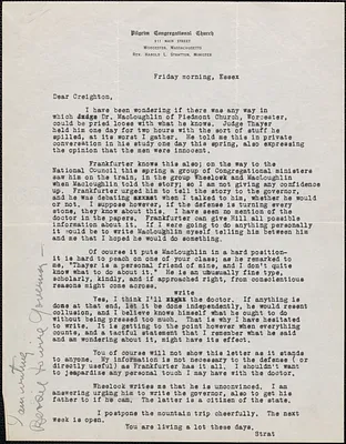Harold L. Stratton (Pilgrim Congregational Church) typed letter to Creighton [J. Hill, 1927?]