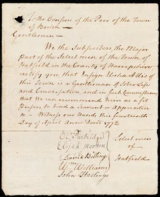 Mary Liscow indentured to apprentice with Elisha Allis of Hatfield, 27 April 1772