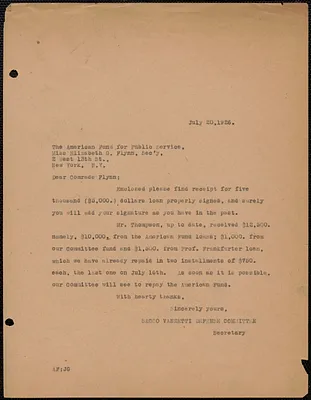 Sacco-Vanzetti Defense Committee typed letter (copy) to Elizabeth Gurley Flynn (The American Fund for Public Service), Boston, Mass., July 20, 1926