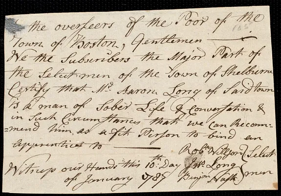 Benony Harris Champlen indentured to apprentice with Aaron [Aron] Long of Shelburne, 18 January 1787