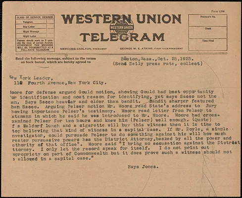Hays Jones telegram to New York Leader (copy), Boston, Mass., October 25, 1923