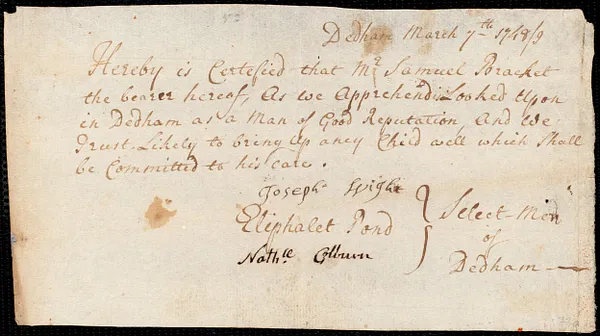 Sarah Smith indentured to apprentice with Samuel Bracket of Dedham, 29 April 1749