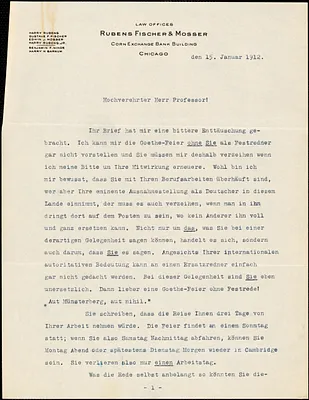 Rubens, Harry, 1850-1920 typed letter signed to Hugo Münsterberg, Chicago, 15 January 1912