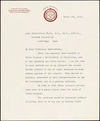 Richmond, Charles Alexander, 1862-1940 typed letter signed to Hugo Münsterberg, Schenectady, N.Y., 05 March 1910