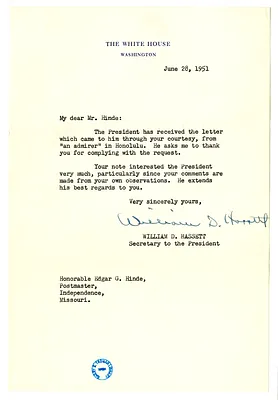 Letter from William D. Hassett to Edgar Hinde