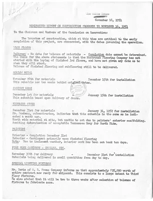 Memorandum, Report on Construction Progress, with Attachment
