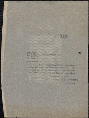 Sacco-Vanzetti Defense Committee typed note (copy) to S. N. Ghose (The Indian Freedom Foundation Inc.), Boston, Mass., February 17, 1927