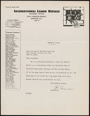 James P. Cannon (Industrial Labor Defense) typed note signed to Sacco-Vanzetti Defense Committee, Chicago, Ill., December 21, 1926