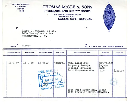 Automobile Insurance Bill from Thomas McGee and Sons for Harry S. Truman