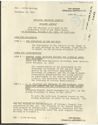 Revised Agenda for the One Hundred and Seventh Meeting of the National Security Council