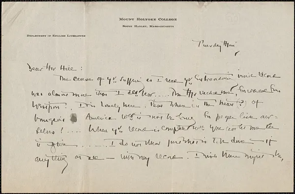Jeannette Marks autograph letter signed to [Creighton J.] Hill, South Hadley, Mass., [1927?]
