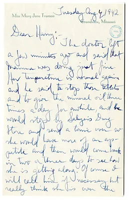 Letter from Mary Jane Truman to Harry S. Truman