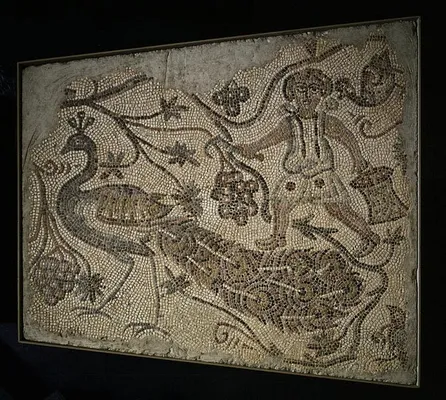 Floor Mosaic Panel: Grape Harvester with Peacock