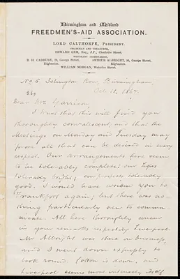 Letter from Thomas Phillips, No. 6 Islington Row, Birmingham, [England], to William Lloyd Garrison, Oct. 11, 1867