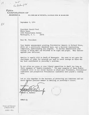 Letter from Robert W. McNeely to President Gerald R. Ford Regarding the Pardon of Former President Richard Nixon