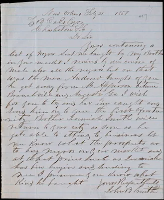 John B. Smith, New Orleans, La., autograph letter signed to Ziba B. Oakes, 21 February 1857