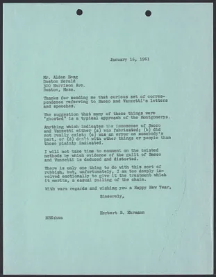Herbert Brutus Ehrmann Papers, 1906-1970. Sacco-Vanzetti. Correspondence re: 1960 edition of The Untried Case. Box 3, Folder 14, Harvard Law School Library, Historical & Special Collections