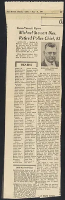 Herbert Brutus Ehrmann Papers, 1906-1970. Sacco-Vanzetti. Michael Stewart: Obituary, Sunday Globe, Apr. 10, 1960. Box 14, Folder 12, Harvard Law School Library, Historical & Special Collections