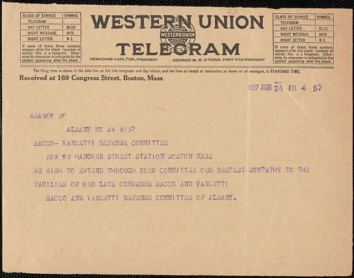 Sacco-Vanzetti Defense Committee of Albany telegram to Sacco-Vanzetti Defense Committee, Albany, N. Y., August 24, 1927