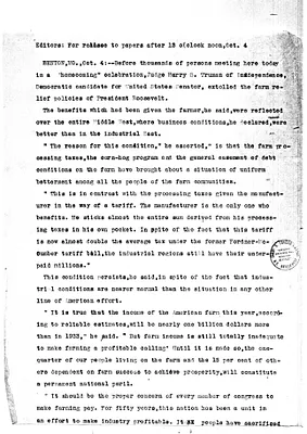 Press Release, Truman for Senator State Headquarters