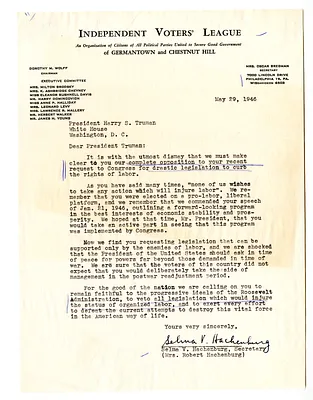 Letter from Selma V. Hachenburg to President Harry S. Truman