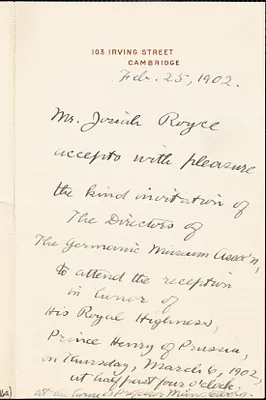 Royce, Josiah, 1855-1916 Autograph note to Hugo Münsterberg, Cambridge, Mass., 25 February 1902