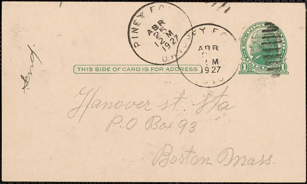 Ben Della [Libera?] autograph note signed (postcard) to Sacco-Vanzetti Defense Committee, Piney Fork, Ohio, April 25, 1927