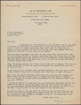 A. J. Sindelar typed letter signed to A. L. Carpenter, Cleveland, Ohio, November 26, 1923