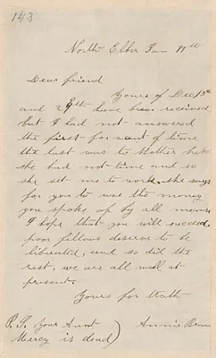 Annie Brown Adams autograph letter signed to Thomas Wentworth Higginson, North Elba, [N.Y.], 11 January [1860]