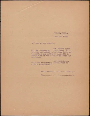 Sacco-Vanzetti Defense Committee typed letter (copy) to whom it may concern, Boston, Mass., January 23, 1925