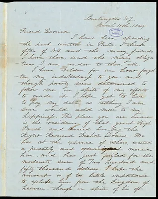Letter from B. R. Downes, Burlington, N.J., to William Lloyd Garrison, March 11th, 1849