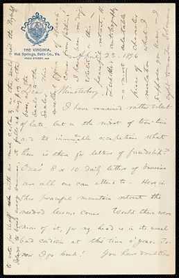 James, William, 1842-1910 autograph letter signed to Hugo Münsterberg, Hotsprings, Va., 23 April 1896