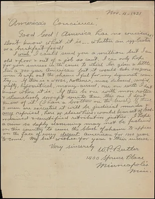 W. P. Butler autograph letter signed to Sacco-Vanzetti Defense Committee, Minneapolis, Minn., November 4, 1921