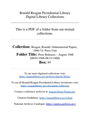 Press Releases - August 1968 [08/01/1968-08/13/1968]
