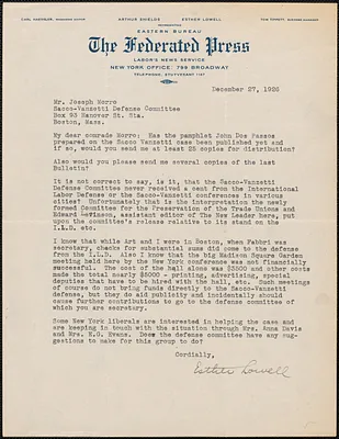 Esther Lowell (The Federated Press) typed letter signed to Joseph Moro, New York, N.Y., 27 December 1926